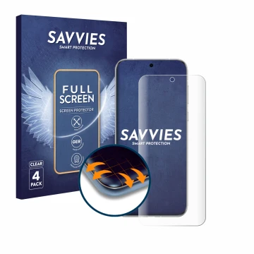 Front side of a product packaging with the brand logo Savvies. Next to it is the device Huawei Pura 70 Ultra shown with the co
