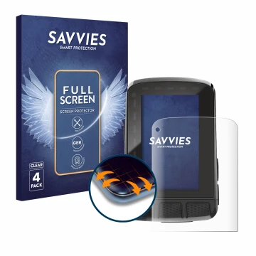 Front side of a product packaging with the brand logo Savvies. Next to it is the device Wahoo Elemnt Roam V2 GPS shown with th