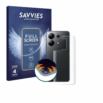 Front side of a product packaging with the brand logo Savvies. Next to it is the device Xiaomi Redmi Note 13 4G (Back) shown w