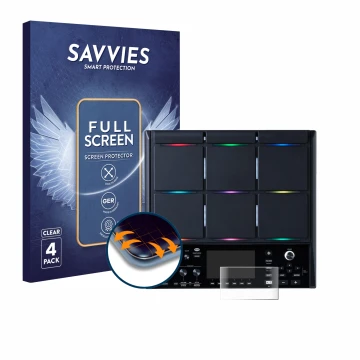 Front side of a product packaging with the brand logo Savvies. Next to it is the device Roland SPD-SX PRO shown with the corre