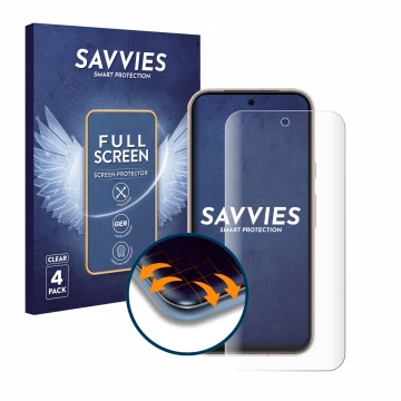 Front side of a product packaging with the brand logo Savvies. Next to it is the device Google Pixel 8a shown with the corresp