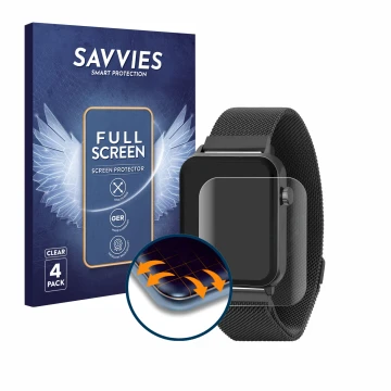 Front side of a product packaging with the brand logo Savvies. Next to it is the device Reflex Active Series 30 AMOLED shown w