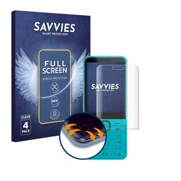 Front side of a product packaging with the brand logo Savvies. Next to it is the device Nokia 235 4G (2024) shown with the cor