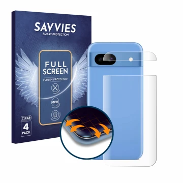 Front side of a product packaging with the brand logo Savvies. Next to it is the device Google Pixel 8a (Back) shown with the 