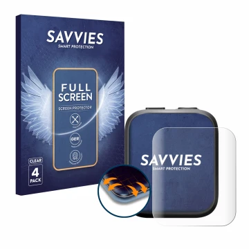 Front side of a product packaging with the brand logo Savvies. Next to it is the device Insta360 GPS preview remote shown with