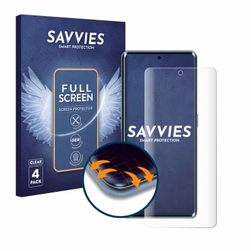 Front side of a product packaging with the brand logo Savvies. Next to it is the device Cubot X90 shown with the corresponding