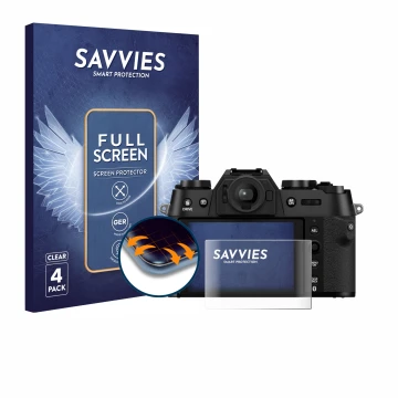 Front side of a product packaging with the brand logo Savvies. Next to it is the device Fujifilm X-T50 shown with the correspo