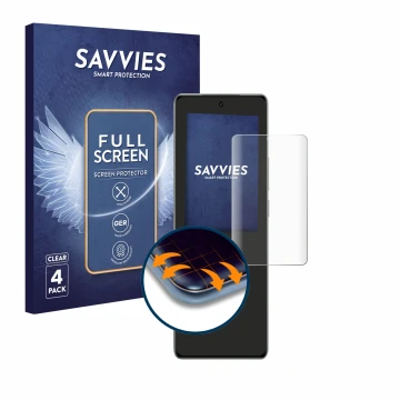 Front side of a product packaging with the brand logo Savvies. Next to it is the device realme GT 6 shown with the correspondi