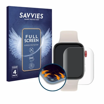 Front side of a product packaging with the brand logo Savvies. Next to it is the device Huawei Watch Fit 3 shown with the corr
