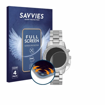 Front side of a product packaging with the brand logo Savvies. Next to it is the device Michael Kors Ritz MK6428 shown with th