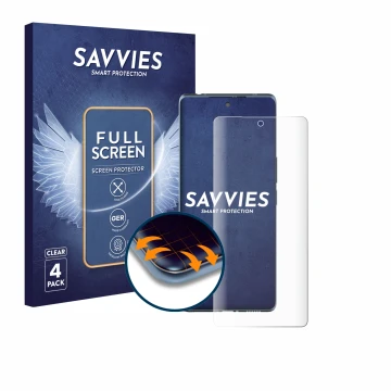 Front side of a product packaging with the brand logo Savvies. Next to it is the device HTC U24 Pro shown with the correspondi