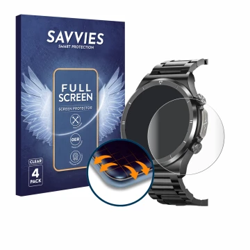 Front side of a product packaging with the brand logo Savvies. Next to it is the device Powerwill Smartwatch 1.39