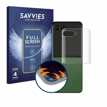 Front side of a product packaging with the brand logo Savvies. Next to it is the device Motorola Razr 50 Ultra (Back display) 
