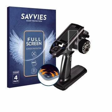 Front side of a product packaging with the brand logo Savvies. Next to it is the device Futaba T4PM Plus shown with the corres