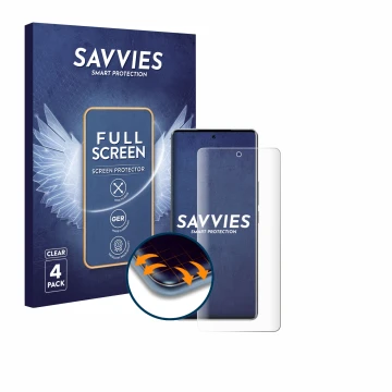 Front side of a product packaging with the brand logo Savvies. Next to it is the device Vivo V40 shown with the corresponding 
