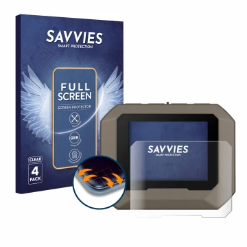 Front side of a product packaging with the brand logo Savvies. Next to it is the device Garmin Xero C1 Pro shown with the corr