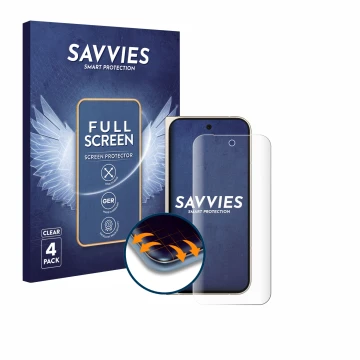 Front side of a product packaging with the brand logo Savvies. Next to it is the device Google Pixel 9 Pro Fold shown with the
