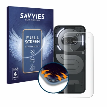 Front side of a product packaging with the brand logo Savvies. Next to it is the device Nothing Phone (2a) Plus (Back) shown w