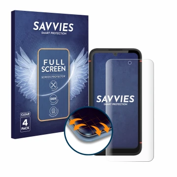 Front side of a product packaging with the brand logo Savvies. Next to it is the device Gigaset GX4 Pro shown with the corresp