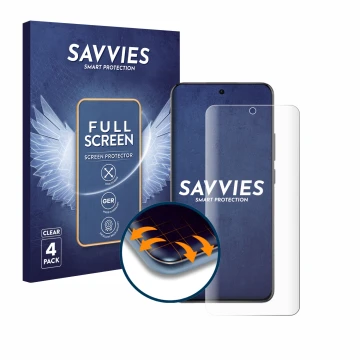 Front side of a product packaging with the brand logo Savvies. Next to it is the device Oppo Reno 12 Pro shown with the corres