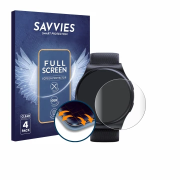 Front side of a product packaging with the brand logo Savvies. Next to it is the device Motorola Moto Watch 120 shown with the