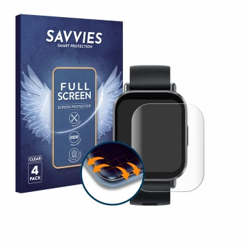 Front side of a product packaging with the brand logo Savvies. Next to it is the device Xiaomi Redmi Watch 5 Active shown with