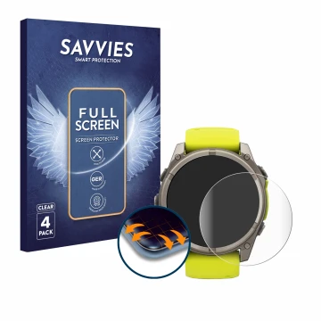 Front side of a product packaging with the brand logo Savvies. Next to it is the device Garmin Fenix 8 Solar (51 mm) shown wit