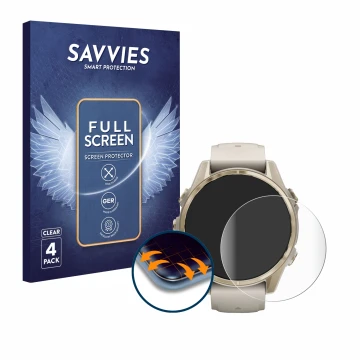 Front side of a product packaging with the brand logo Savvies. Next to it is the device Garmin Fenix 8 (43 mm) shown with the 