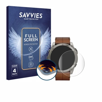 Front side of a product packaging with the brand logo Savvies. Next to it is the device Garmin Fenix 8 AMOLED (51 mm) shown wi