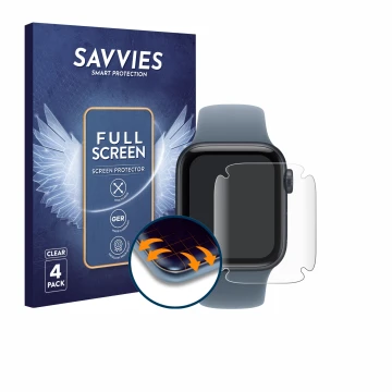 Front side of a product packaging with the brand logo Savvies. Next to it is the device Apple Watch SE 3 (40 mm) shown with th