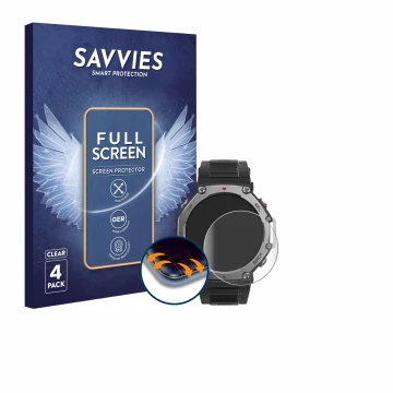Front side of a product packaging with the brand logo Savvies. Next to it is the device Huami Amazfit T-Rex 3 shown with the c