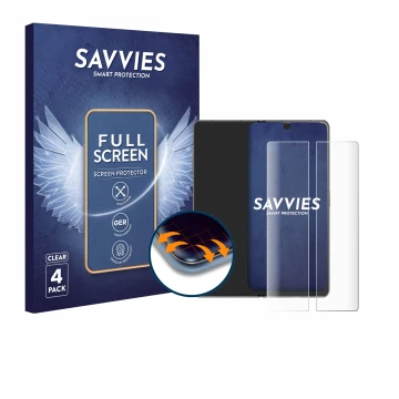 Front side of a product packaging with the brand logo Savvies. Next to it is the device Honor Magic V3 (inneres Display) shown