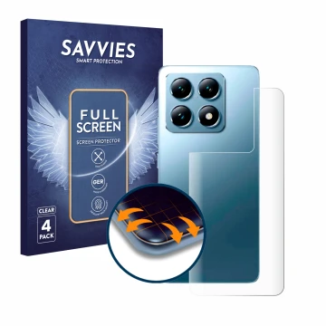 Front side of a product packaging with the brand logo Savvies. Next to it is the device Xiaomi 14T Pro (Back) shown with the c