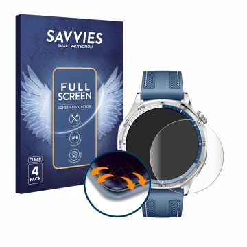 Front side of a product packaging with the brand logo Savvies. Next to it is the device Huawei Watch GT 5 (46 mm) shown with t