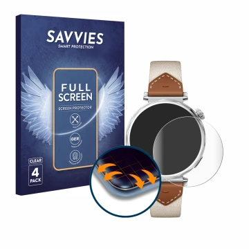 Front side of a product packaging with the brand logo Savvies. Next to it is the device Huawei Watch GT 5 (41 mm) shown with t