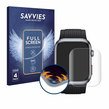 Front side of a product packaging with the brand logo Savvies. Next to it is the device Huawei Watch D2 shown with the corresp