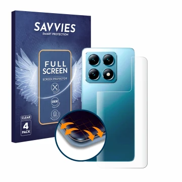 Front side of a product packaging with the brand logo Savvies. Next to it is the device Xiaomi 14T (Back) shown with the corre
