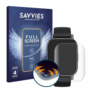Front side of a product packaging with the brand logo Savvies. Next to it is the device Xiaomi Redmi Watch 5 Lite shown with t