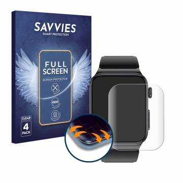 Front side of a product packaging with the brand logo Savvies. Next to it is the device Douself Smartwatch 1.85
