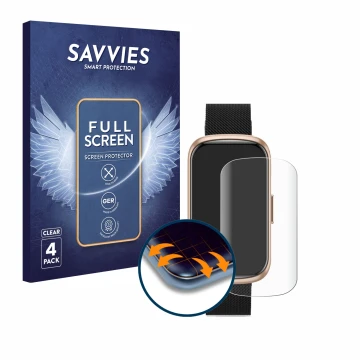 Front side of a product packaging with the brand logo Savvies. Next to it is the device Ruxingx Fitness Tracker 1.47