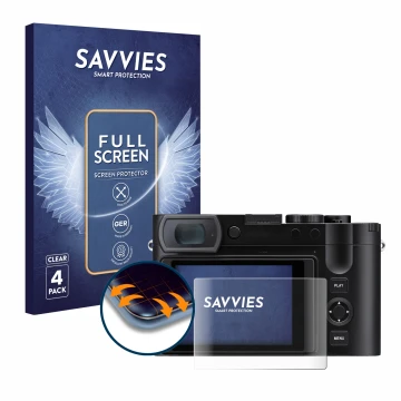 Front side of a product packaging with the brand logo Savvies. Next to it is the device Leica Q3 43 shown with the correspondi
