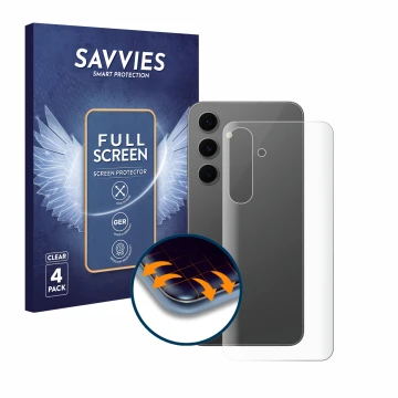 Front side of a product packaging with the brand logo Savvies. Next to it is the device Samsung Galaxy S24 FE (Back) shown wit