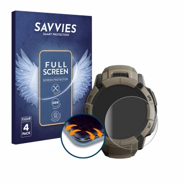 Front side of a product packaging with the brand logo Savvies. Next to it is the device Garmin Instinct 2X Solar Tactical Edit