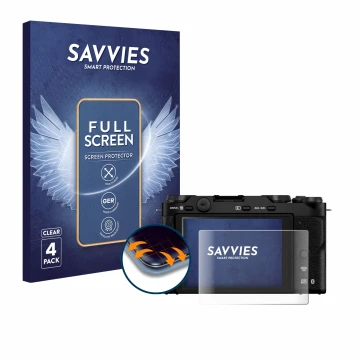Front side of a product packaging with the brand logo Savvies. Next to it is the device Fujifilm X-M5 shown with the correspon