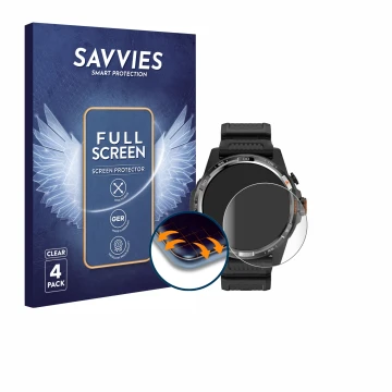 Front side of a product packaging with the brand logo Savvies. Next to it is the device Mobvoi Ticwatch Atlas shown with the c