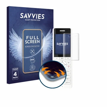 Front side of a product packaging with the brand logo Savvies. Next to it is the device AVM Fritz!Fon X6 White shown with the 