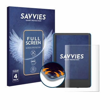 Front side of a product packaging with the brand logo Savvies. Next to it is the device Amazon Kindle Kids (2024) shown with t