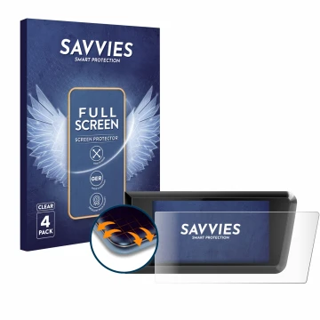 Front side of a product packaging with the brand logo Savvies. Next to it is the device Bosch Purion 400 shown with the corres