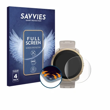 Front side of a product packaging with the brand logo Savvies. Next to it is the device Polar Vantage M3 shown with the corres
