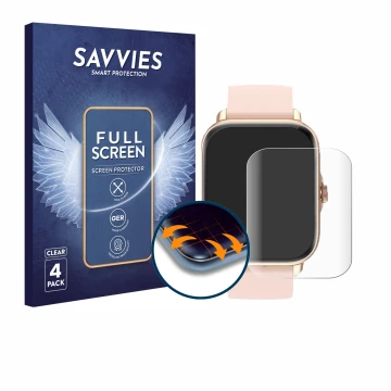 Front side of a product packaging with the brand logo Savvies. Next to it is the device Janolty Smartwatch 1.83